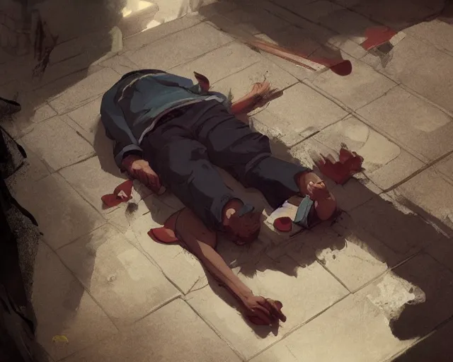 Prompt: a 50 year old brunnete chinese man lying on the floor and crying, horror scene, dramatic, shot from the top, anime art, Greg Rutkowski, studio ghibli, dramatic lighting