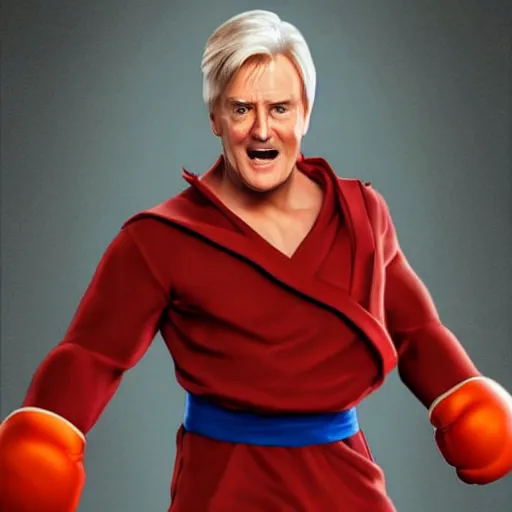 Image similar to action shot of ken barlow from coronation Street dressed as ken from Street fighter, ultra realistic, detailed, cinematic, concept art, digital art,