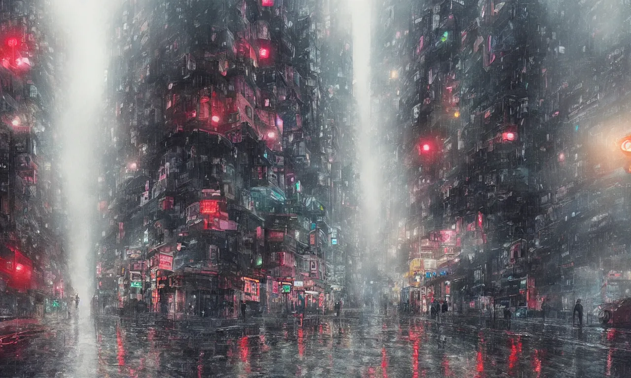 Prompt: beautiful illustration of a hong kong street in the rain and fog, trending on pixiv, artstation