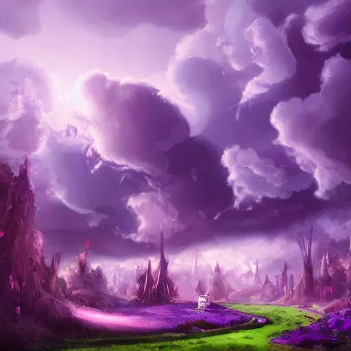 Image similar to landscape of an alice and wonderland themed landscape, purple clouds look the sky, dynamic lighting, fantasy concept art, trending on art station, stunning visuals, creative, cinematic, ultra detailed