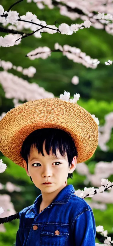 Image similar to “ a portrait of luffy as little kid at a sakura tree, side shot, by shunji dodo, 8 k resolution, photo, high quality ”