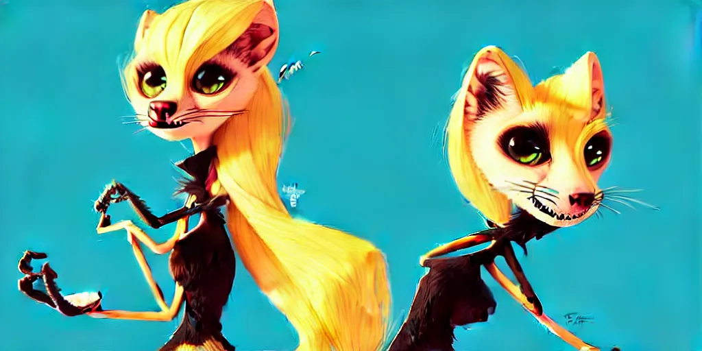 Image similar to curved perspective, extreme narrow, extreme fisheye, digital art of a female marten animal cartoon character wearing jewlery with blonde hairstyle by anton fadeev from nightmare before christmas