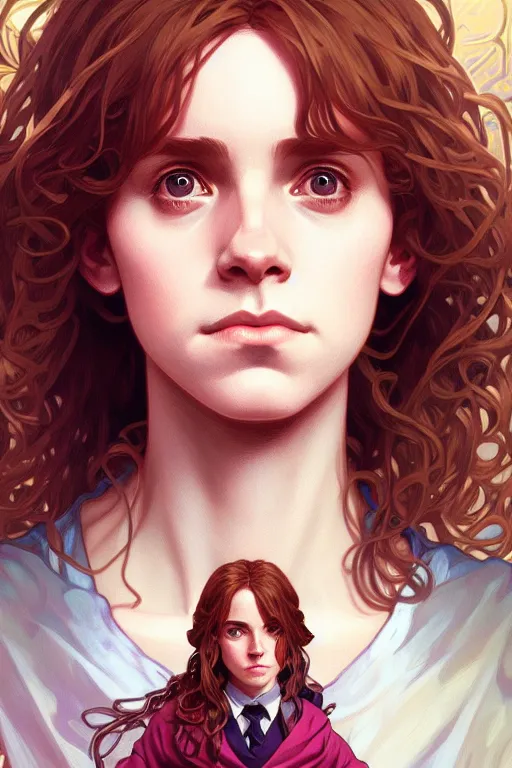 Image similar to a portrait of hermione granger, fantasy, sharp focus, intricate, elegant, digital painting, artstation, matte, highly detailed, concept art, illustration, ambient lighting, art by ilya kuvshinov, artgerm, alphonse mucha, and greg rutkowski