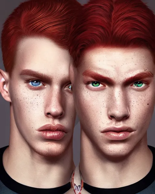 Image similar to portrait of 1 9 - year - old male twins with red hair and freckles, two male, wearing shirts,, hyper realistic face, beautiful eyes, character art, art by mark brooks, hyperdetailed, cryengine, trending on artstation, digital art