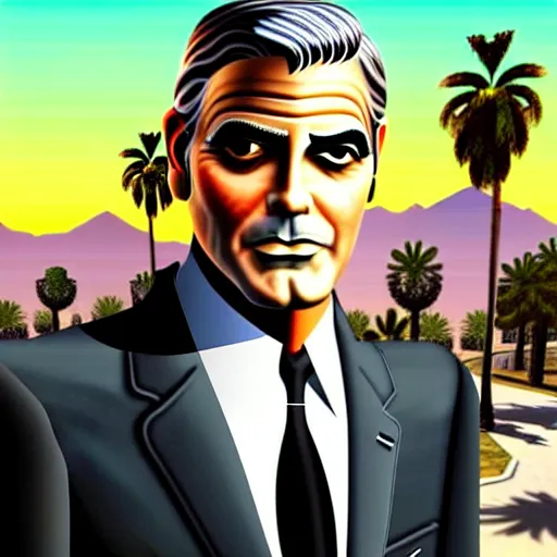 Image similar to george clooney in gta v. los santos in background, palm trees in the art style of stephen bliss