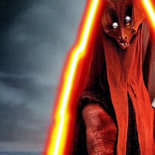 Prompt: jar jar Binks unveil himself as the sith lord the whole time, movie poster