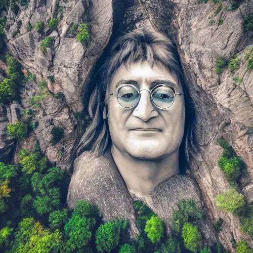 Image similar to bird view of a mountain with a huge face of john lennon carved in the rock, photorealistic, cinematic