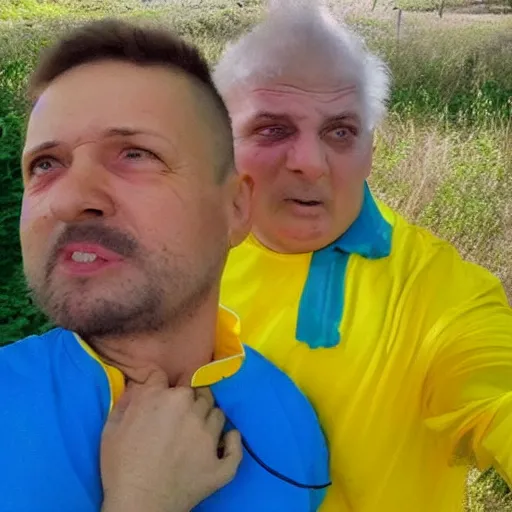 Image similar to 2 0 2 2 last selfie of last alive of frightened funny ukrainian in yellow and blue clothes, trying to escape, badly injured from radiation to bones from a huge nuclear explosion at background, dead bodies everywhere