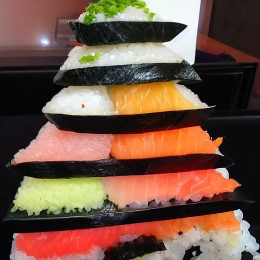 Prompt: a pyramid of sushi