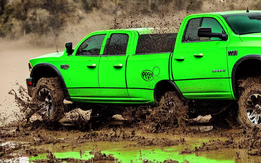 Image similar to Ultra HD Photo of a Neon Green Dodge Ram Truck driving through mud