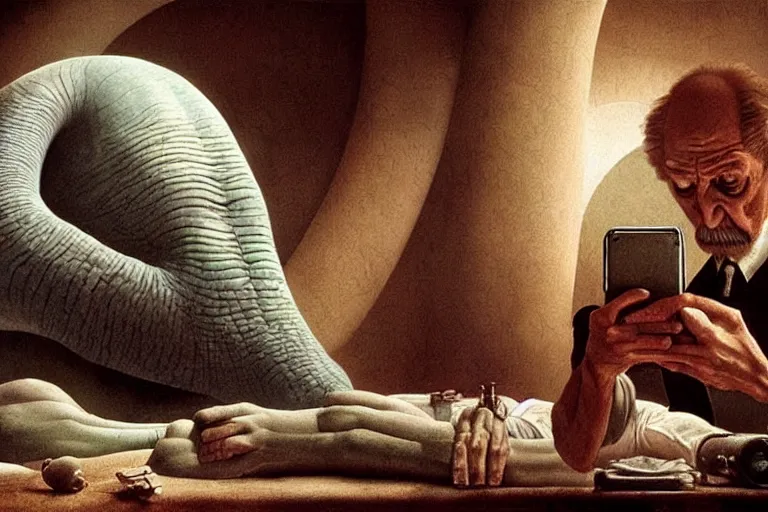 Image similar to hyperrealism aesthetic ridley scott and caravaggio and denis villeneuve style photography of a detailed giant squidward, siting on a detailed ultra huge toilet and scrolling his smartphone in surreal scene from detailed art house movie in style of alejandro jodorowsky and wes anderson