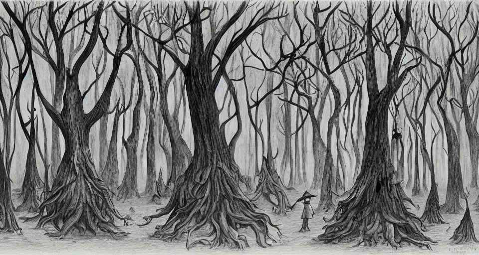 Prompt: A dense and dark enchanted forest with a swamp, by Charles Addams