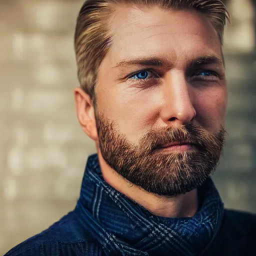 Image similar to close up of face of good looking 4 0 year old slavic blond man with blond stubble, very short wavy blond hair in a short pompadour style, very dark blue eyes, portrait, 4 k