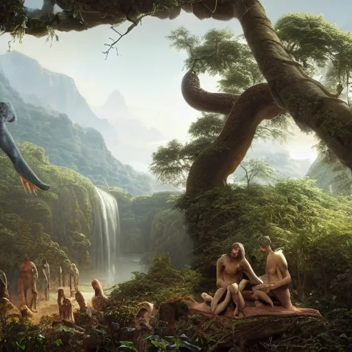 Image similar to God angy in the Garden of Eden. Adam and Eve look very guilty and the snake is leaving the scene quietly - Matte painting , detailed painting, made by Greg Rutkowski, 4k resolution, atmospheric, breathtaking