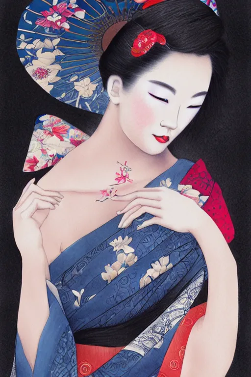 Image similar to beauty geisha, digital art, 8k, character, realistic, portrait, photorealism, watercolour