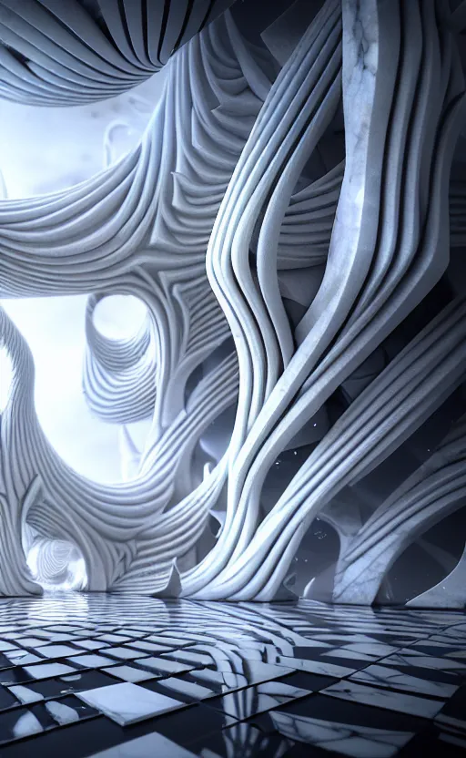 Prompt: highly detailed 3 d render cinematic composition of a white fluid fractal sci - fi surreal architecture landscape, marble, stone, magnesium, archviz, vincent callebaut composition, mamou - mani, beautiful lighting, hyper detailed, 8 k, unreal engine, hdr, dof