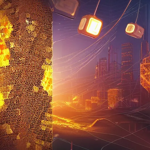 Prompt: Mystical Sci-fi Concept Art, Technological, Cables, Wires, Landscape, Mechanically Enhanced Honeycomb, Cybernetic, Ambient Lighting, Honeycomb, Glowing Amber, Honey. Cityscape