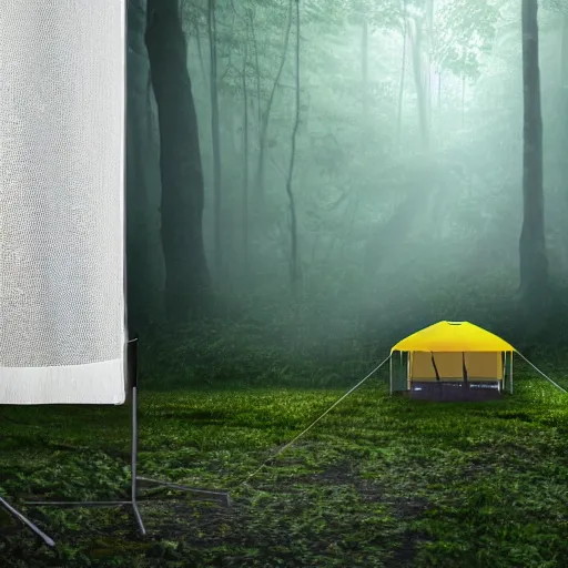 Image similar to photo studio rainforest with foggy background. yellow tent on floor. fisherman in balenciaga cloth, plastic bag and black mask. photorealistic high resolution, redshift render, 8 k