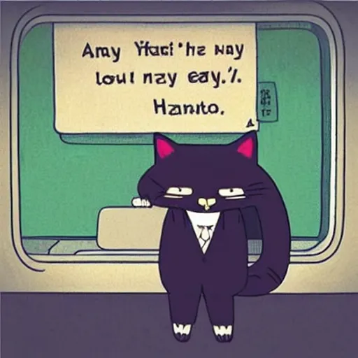 Prompt: “ angry cat wearing a suit riding the subway in new york city, studio ghibli, spirited away, princess mononoke, anime style, by hayao miyazaki ”