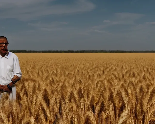 Image similar to walter white and gustavo fring facing each other in a wheat field, long shot, side view, 3 5 mm photograph, 8 k resolution, wide shot, sharp lens