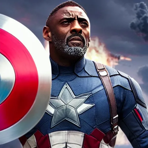 Prompt: film still of Idris Elba as Captain America in new Avengers film, photorealistic 8k