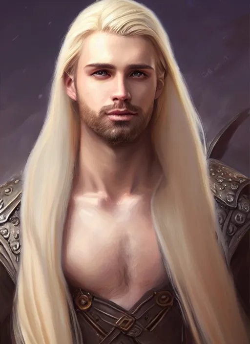 Image similar to a _ fantasy _ style _ portrait _ painting _ of male, long dark blonde hair and blonde stubble, white, rpg dnd oil _ painting _ unreal _ 5 _ daz. _ rpg _ portrait _ extremely _ detailed _ artgerm _ greg _ rutkowski _ greg