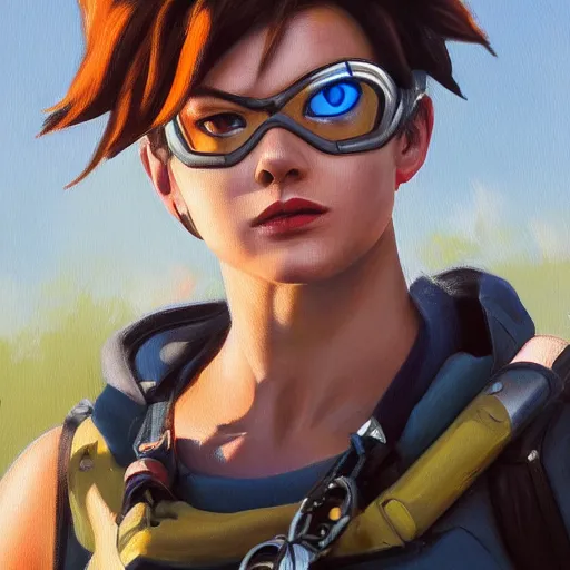 Prompt: oil painting of tracer overwatch in a field wearing spiked collar around neck, in style of steve henderson, expressive face, detailed face, detailed eyes, full body, feminine face, tracer overwatch,