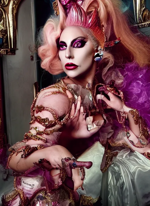 Prompt: lady gaga styled by david lachapelle posing in an expensive mansion setting , vogue magazine, Highly realistic. High resolution. Highly detailed. Dramatic. 8k.4k.