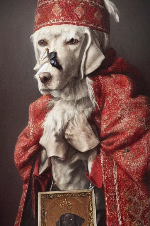 Prompt: Orthodox Slavic dog head man, woolen torso in medieval clothes, Orthodox Saint Christopher, oil painting, hyperrealism, beautiful, high resolution, trending on artstation,
