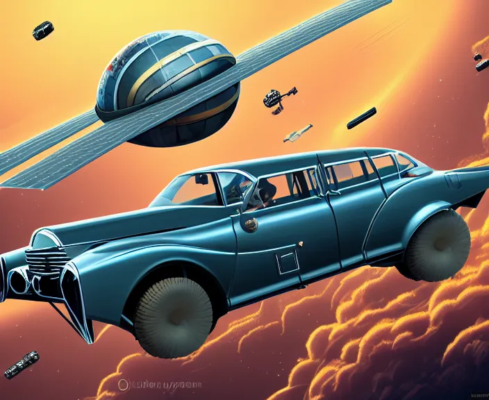 Image similar to russian car volga gaz - 3 1 0 2 fly in space in orbit of the planet earth, hyper detailed, hight detailed, futuristic, ultra realistic, cyberpunk, steampunk, no blur, 8 k