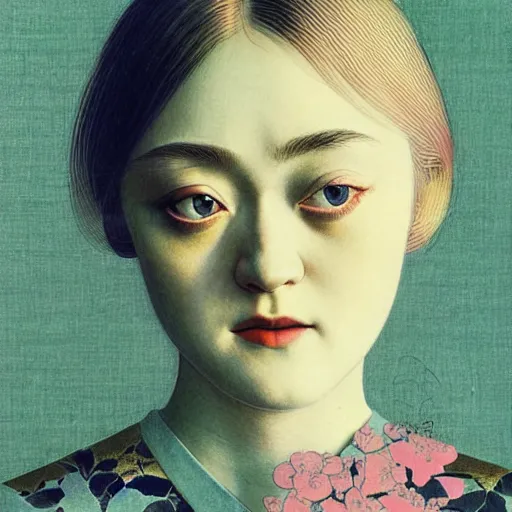 Image similar to “ dakota fanning portrait by ikenaga yasunari and ayana otake and ko rakusui, 6 0 s poster, drawing, realistic, sharp focus, japanese, dreamy, nostalgia, faded, golden hues, floral clothes, porcelain skin ”