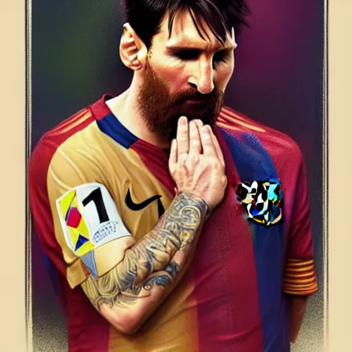 Image similar to lionel messi praying like a muslim, d & d, fantasy, intricate, elegant, highly detailed, digital painting, artstation, concept art, matte, sharp focus, illustration, art by artgerm and greg rutkowski and alphonse mucha