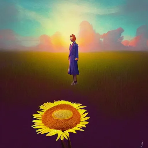 Image similar to giant daisy flower over head, frontal, a girl in a suit, surreal photography, sunrise, dramatic light, impressionist painting, digital painting, artstation, simon stalenhag