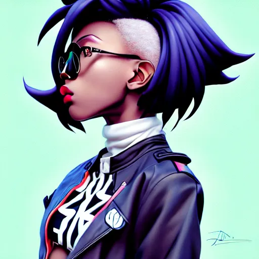 Image similar to portrait of a black anime manga girl, french bob hair, white hair, bomber jacket, by artgerm, james jean, tom bagshaw, gerald brom, vaporwave colors, lofi colors, vaporwave, lofi, goth vibe, 4 k, smooth, hd, substance designer render, full body character concept art, symmetrical, 2 point lighting,