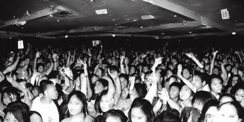 Prompt: A fairly filled Filipino nightclub, 35mm film