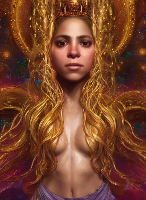 Prompt: cosmic portrait of shakira as queen of the universe, hyper detailed, digital art, cinematic lighting, studio quality, smooth render, unreal engine 5, octane rendered, art style by klimt and nixeu and ian sprigger and wlop and krenz cushart.