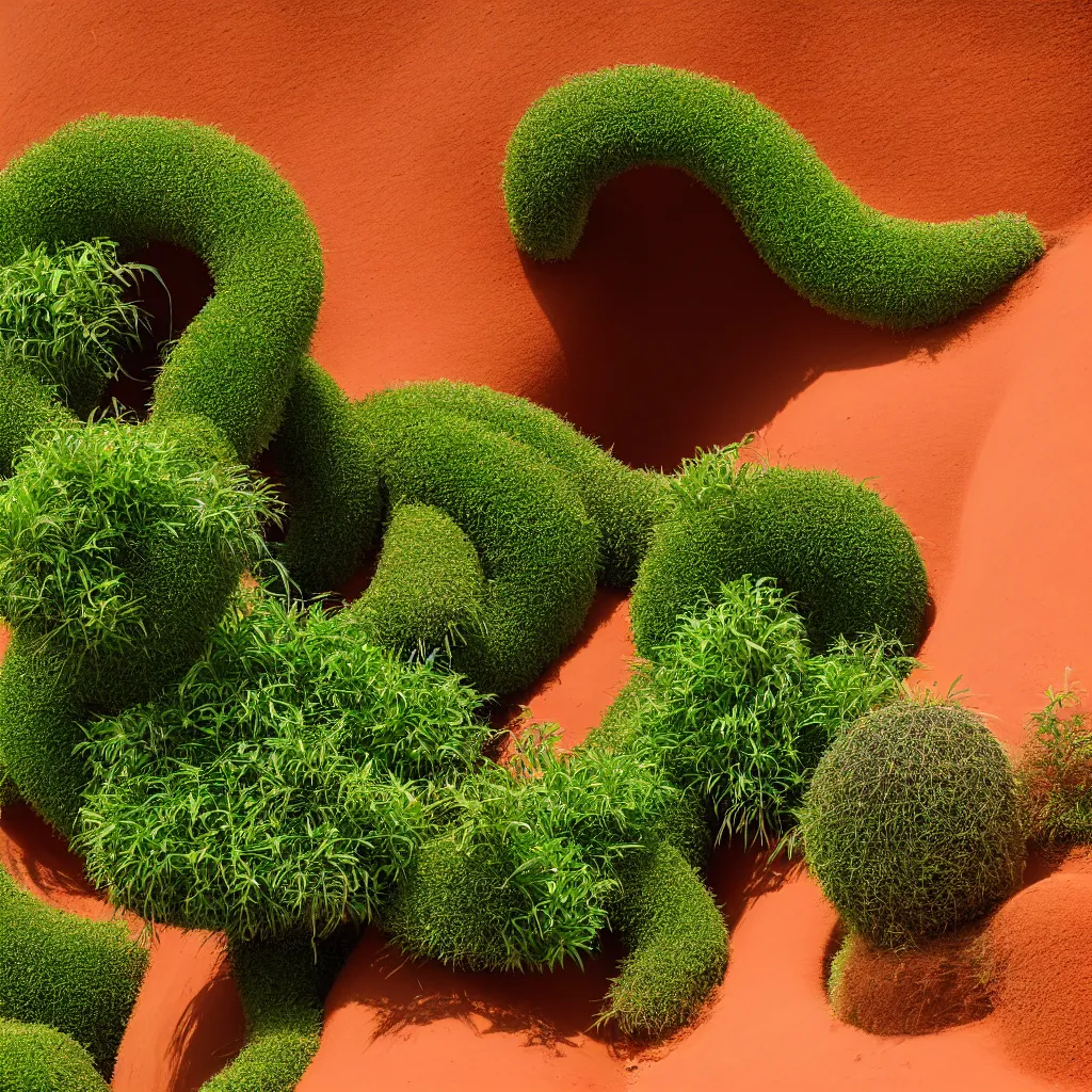 Image similar to torus shaped electrostatic water condensation collector tower, irrigation system in the background, vertical gardens, in the middle of the red clay desert, XF IQ4, 150MP, 50mm, F1.4, ISO 200, 1/160s, natural light