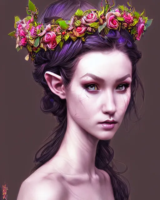 Image similar to digital art, centered head of elven bride with short hair, vivid flower crown ,body made with intricate roots, by James Jean and by artgerm, by ross tran , ultradetailed, charachter design, concept art, trending on artstation,