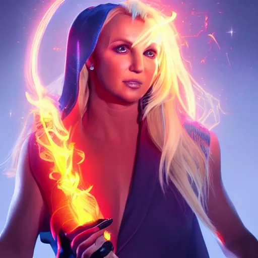 Prompt: Britney Spears wearing witches cape holding a glowing fire magical staff. Trending on Artstation, octane render, ultra detailed, art by Ross tran