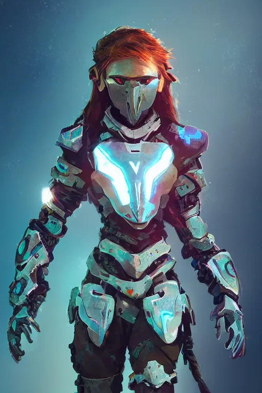 Image similar to combination suit armor aloy horizon forbidden west horizon zero dawn radiating a glowing aura global illumination ray tracing hdr fanart arstation by ian pesty and alena aenami artworks in 4 k tribal robot ninja mask helmet backpack