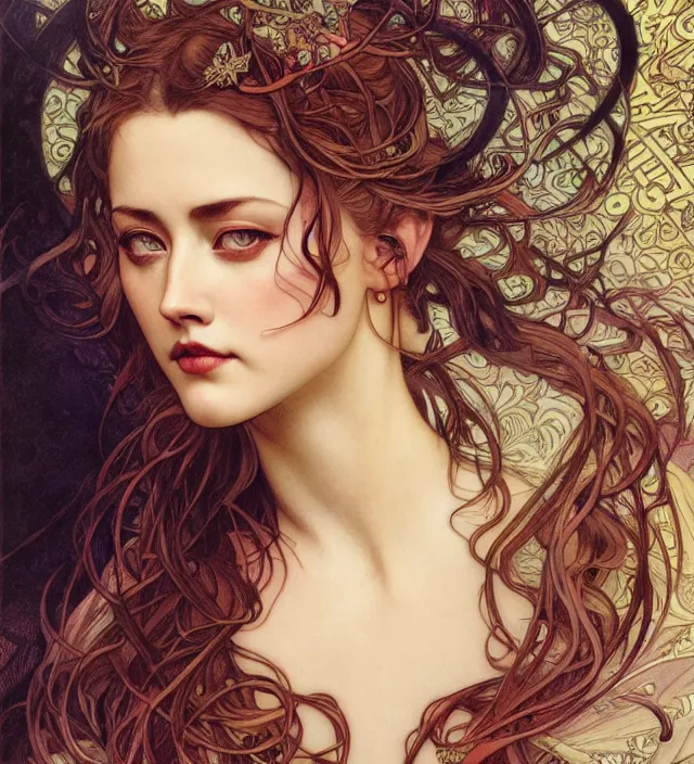 Prompt: detailed portrait of amber heard by alphonse mucha, ayami kojima, yoshitaka amano, charlie bowater, karol bak, greg hildebrandt, jean delville, and mark brooks, art nouveau, pre - raphaelite, neo - gothic, gothic, art nouveau, intricate fine details