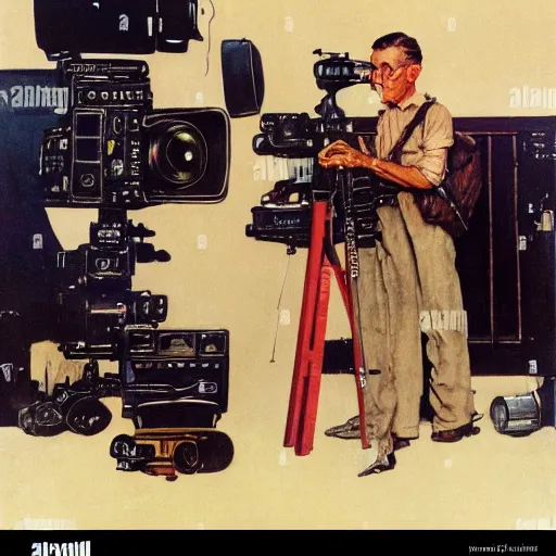 Image similar to norman rockwell painting of a television crew member holding a large television - video - camera