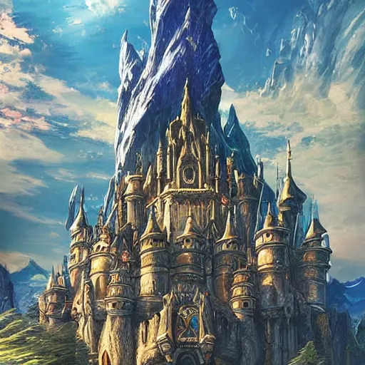 Image similar to An imposing and highly ornamented fantasy castle, Carved from Sapphire stone, Atmosphere, Dramatic lighting, Beautiful Landscape, Epic composition, Wide angle, by Miyazaki, Nausicaa Ghibli, Breath of The Wild