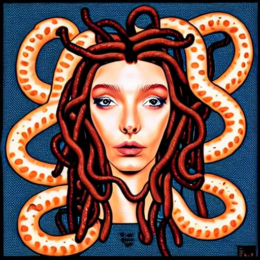 Image similar to medusa with sausages instead of snakes, sausage hair, photorealistic, illustration, intricate details, masterpiece