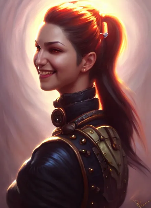 Prompt: a _ fantasy _ style _ portrait _ painting _ of woman, ponytail black hair, smile, round face, steampunk rpg dnd oil _ painting _ unreal _ 5 _ daz. _ rpg _ portrait _ extremely _ detailed _ artgerm _ greg _ rutkowski _ greg