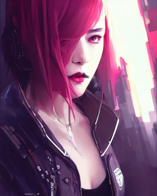 Image similar to beautiful female vampire, cyberpunk streetwear, cybernetic features, detailed portrait, cell shaded, 4 k, vivid colours, concept art by wlop, ilya kuvshinov, artgerm, krenz cushart, greg rutkowski, pixiv. cinematic dramatic atmosphere, sharp focus, volumetric lighting, cinematic lighting, studio quality