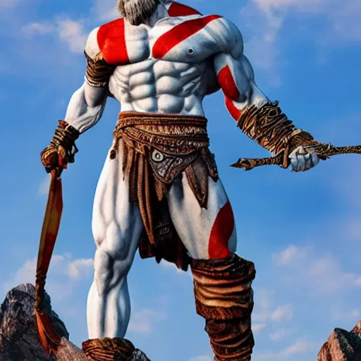 Prompt: A giant marble statue of Kratos from God Of War, hyper-realistic, 8K HDR, sunset.