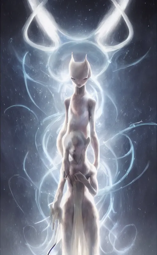 Image similar to a girl from final fantasy live action, cosplaying as mewtwo, evocative, mystical night, very very very very detailed, award winning, masterpiece digital painting by greg rutkowski, alex grey, artstation, 4 k wallpaper