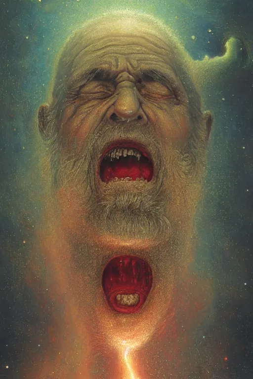 Image similar to an old man screams and a tornado is spat out of his mouth out of his mouth by artgem and les edwards, gustave dore, highly detailed, high contrast, light reflection, trippy, nebula, trending on artstation