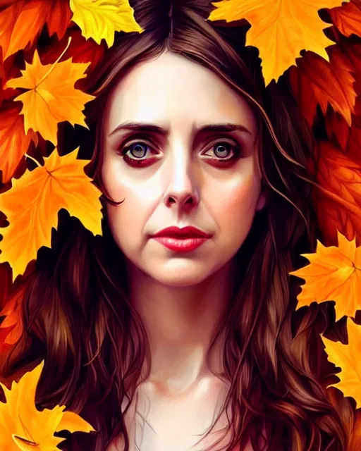 Prompt: gorgeous young Alison Brie, realistic character concept, full body, autumn leaves, orange yellow, shorter neck, illustration, symmetrical face and body, realistic eyes, cinematic lighting, detailed realistic symmetrical eyes, artgerm, Joshua Middleton, Charlie Bowater, single face, insanely detailed and intricate, beautiful